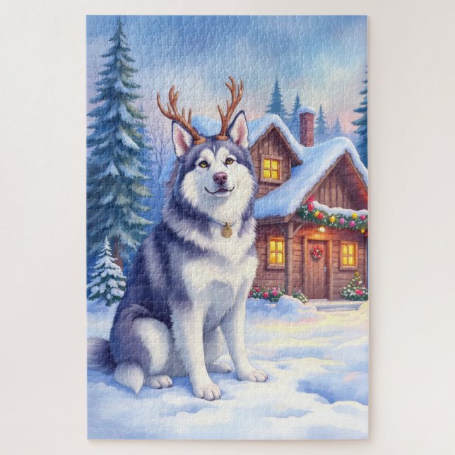 Watercolor Alaskan Malamute Reindeer Christmas Jigsaw Puzzle (Vertical)