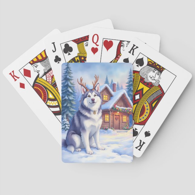 Watercolor Alaskan Malamute Reindeer Christmas Playing Cards (Back)