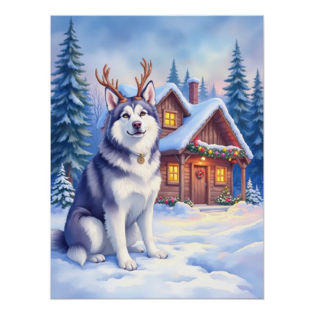 Watercolor Alaskan Malamute Reindeer Christmas Poster (Front)