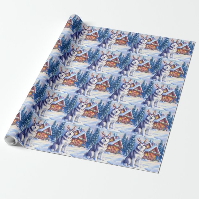 Watercolor Alaskan Malamute Reindeer Christmas Wrapping Paper (Unrolled)