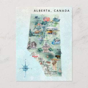 Watercolor Alberta Canada Illustrated Map Art Postcard