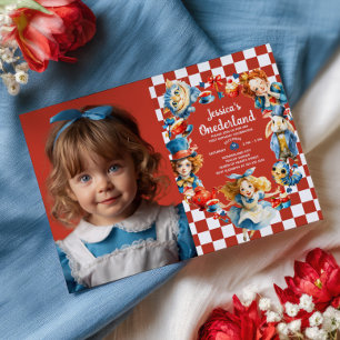 Watercolor Alice in ONEDERLAND 1st Birthday Photo  Invitation