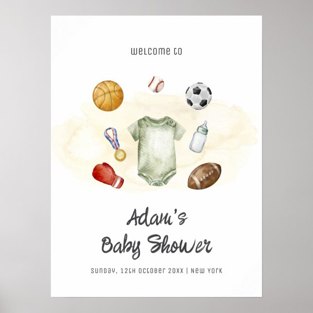 Watercolor All Star Sports Baby Shower Welcome  Poster (Front)