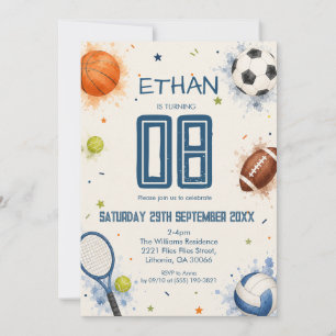 Watercolor All-Star Sports Birthday Party Invitation