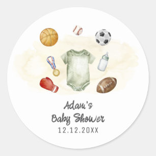 Watercolor All Star Sports bodysuit Baby Shower  Classic Round Sticker
