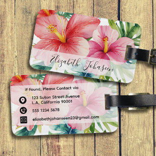 Watercolor Aloha Hawaiian Red Flowers Script Name Luggage Tag
