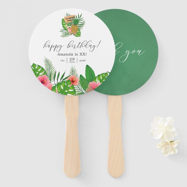 Watercolor Aloha Luau Any Age Birthday Party Hand Fan (Front and Back)