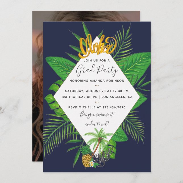 Watercolor Aloha Luau Graduation Party add photo Invitation (Front/Back)