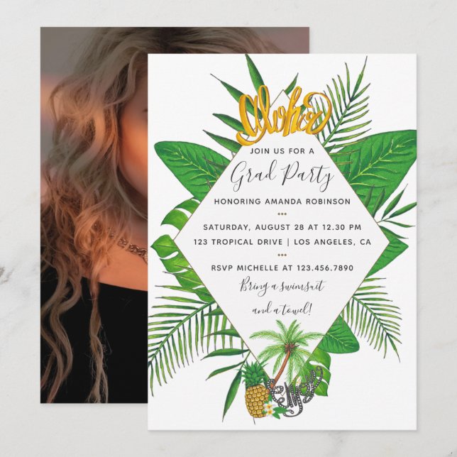 Watercolor Aloha Luau Graduation Party add photo Invitation (Front/Back)
