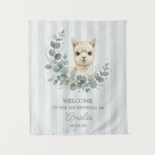 Watercolor Alpaca Birthday Greenery Wreath Tapestry