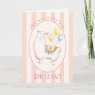 Watercolor Alpaca with Balloon Blush Pink Birthday Card