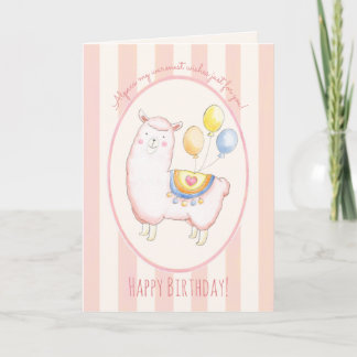 Watercolor Alpaca with Balloon Blush Pink Birthday Card