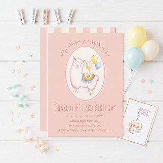 Watercolor Alpaca with Balloon Blush Pink Birthday Invitation