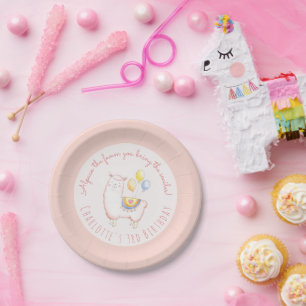Watercolor Alpaca with Balloon Blush Pink Birthday Paper Plate
