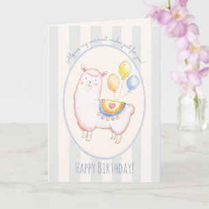 Watercolor Alpaca with Balloon Light Blue Birthday Card