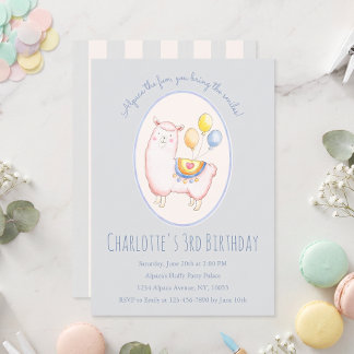 Watercolor Alpaca with Balloon Light Blue Birthday Invitation