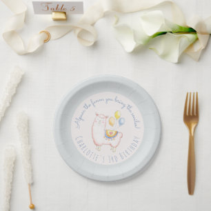 Watercolor Alpaca with Balloon Light Blue Birthday Paper Plate