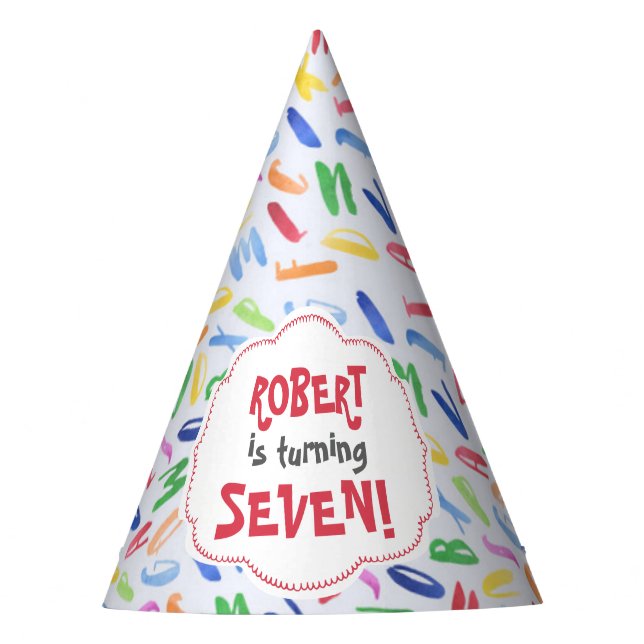 Watercolor alphabet custom kids birthday party hat (Front)