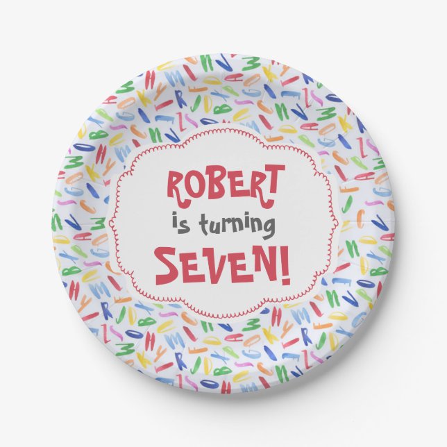 Watercolor alphabet custom kids birthday supplies paper plate (Front)