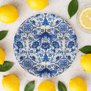 Watercolor Amalfi Blue Tiles Bridal Shower Paper Plate
