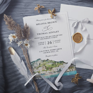 Watercolor Amalfi Coast Budget QR Code Wedding Invitation