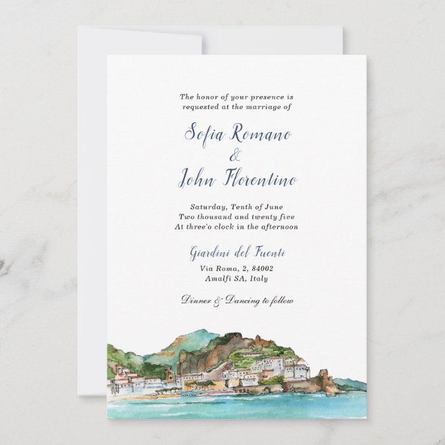 Watercolor Amalfi Coast Italy Skyline wedding Invitation (Front)