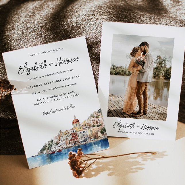 Watercolor Amalfi Coast Italy Wedding Photo Invitation (Capture the romance of Italy with our watercolor Amalfi Coast wedding invitations.)