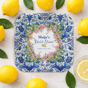Watercolor Amalfi Coast Pink Lemons Bridal Shower Paper Plate
