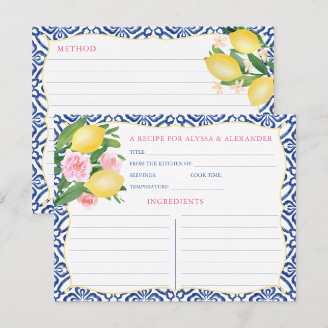 Watercolor Amalfi Lemons Blue Tiles Recipe Card (Front/Back)