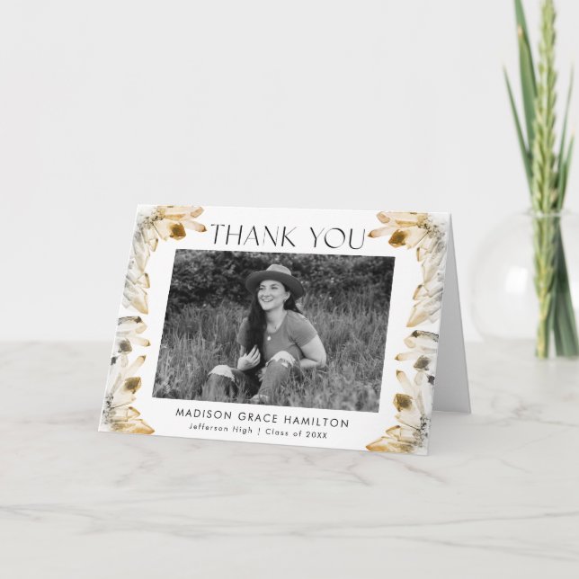 Watercolor Amber Gold Crystals Photo Graduation Thank You Card (Front)
