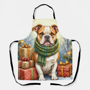 Watercolor American Bulldog Christmas Holiday Apron