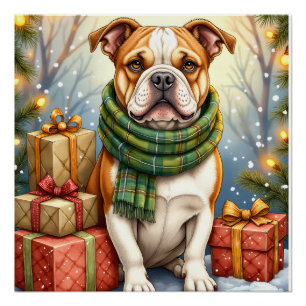 Watercolor American Bulldog Christmas Holiday Poster