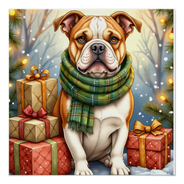 Watercolor American Bulldog Christmas Holiday Poster (Front)