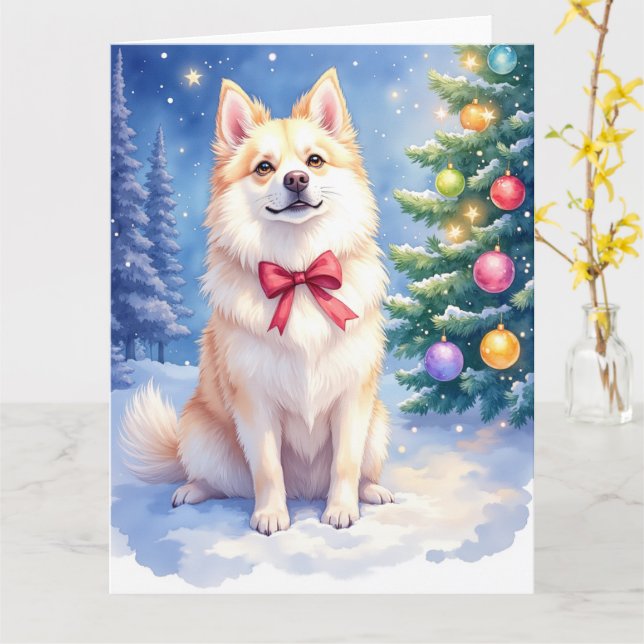 Watercolor American Eskimo Dog Sparkling Christmas Card (Yellow Flower)