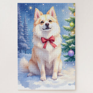 Watercolor American Eskimo Dog Sparkling Christmas Jigsaw Puzzle