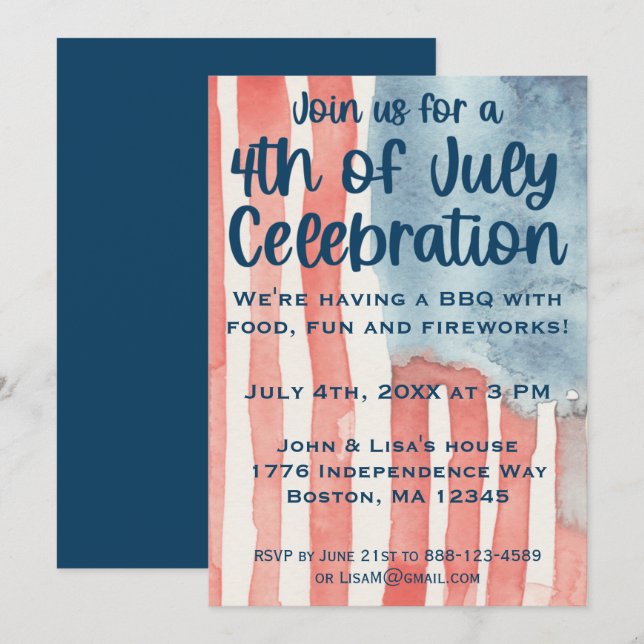 Watercolor American Flag 4th of July Party Invitation (Front/Back)