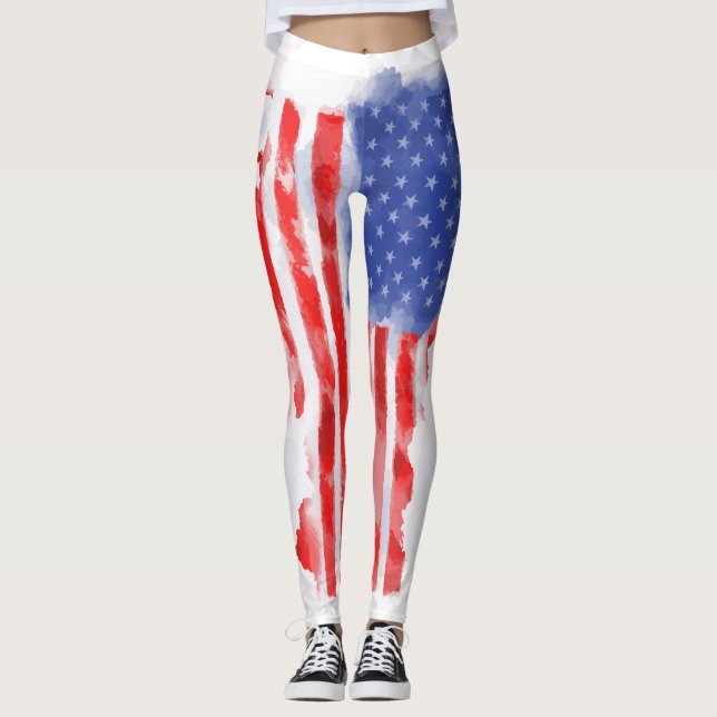 Watercolor American Flag for Veterans and Patriots Leggings (Front)