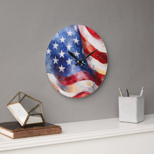 Watercolor American Flag Large Wall Clock