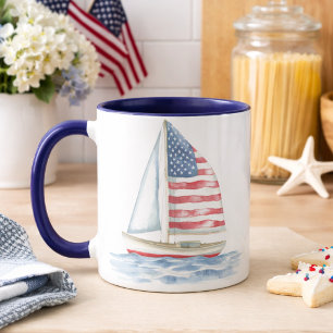 Watercolor American Flag Sailboat Coastal Mug