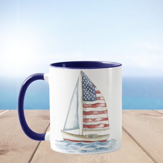 Watercolor American Flag Sailboat Coastal Mug (Creator Uploaded)