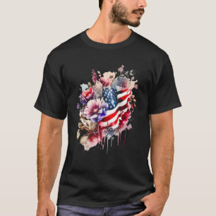 Watercolor American Flag USA Flowers 4th Of July T-Shirt