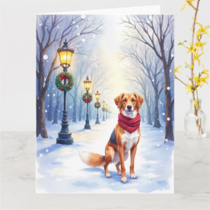 Watercolor American Foxhound Snowy Lamppost Card