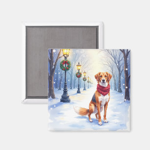Watercolor American Foxhound Snowy Lamppost Magnet