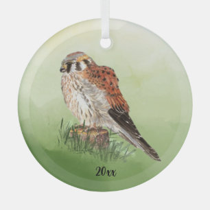 Watercolor American Kestrel, Falcon Bird Hawk Glass Tree Decoration
