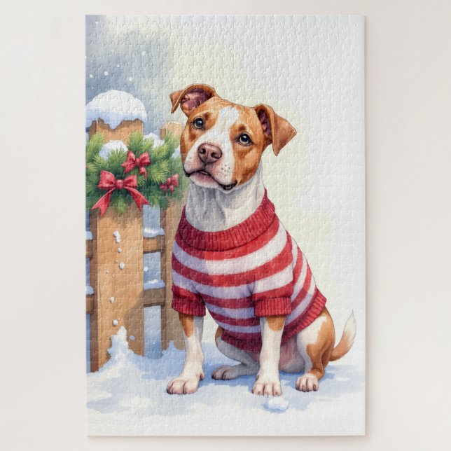 Watercolor American Pit Bull Terrier Festive Jigsaw Puzzle (Vertical)