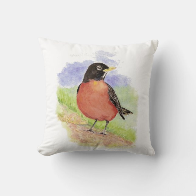 Watercolor American Robin Garden Bird Cushion (Front)