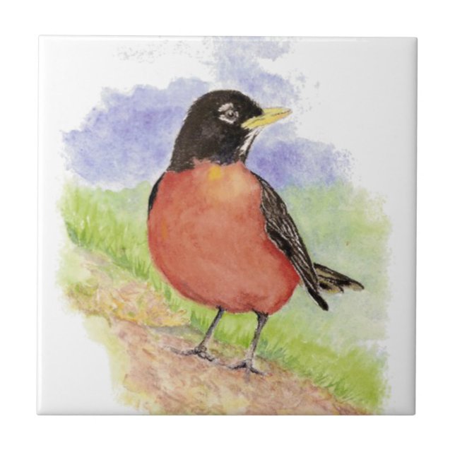 Watercolor American Robin Wildlife Nature art Tile (Front)