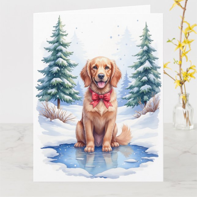 Watercolor American Water Spaniel Frozen Pond Card (Yellow Flower)