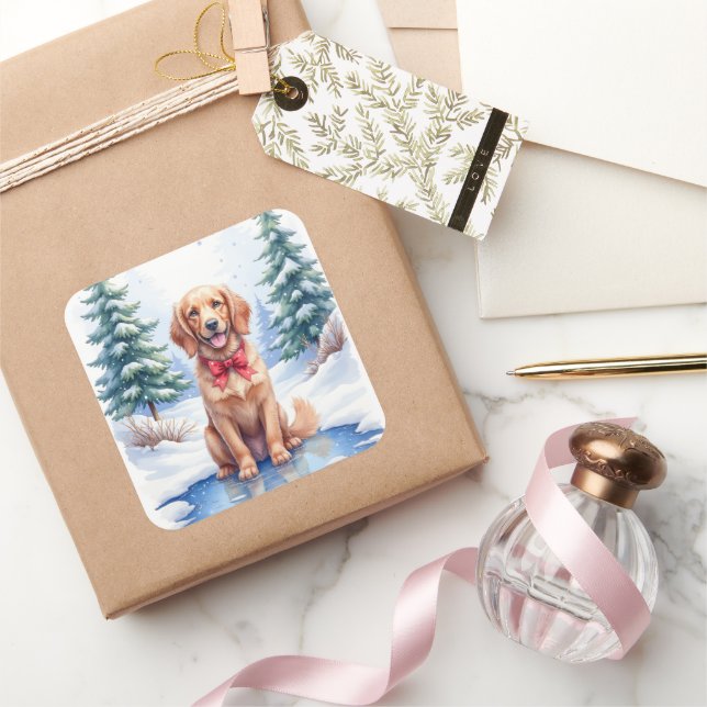 Watercolor American Water Spaniel Frozen Pond Square Sticker (Gifting)
