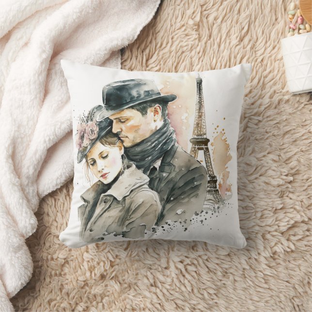 Watercolor Amour in Paris Couples Throw Pillow (Blanket)